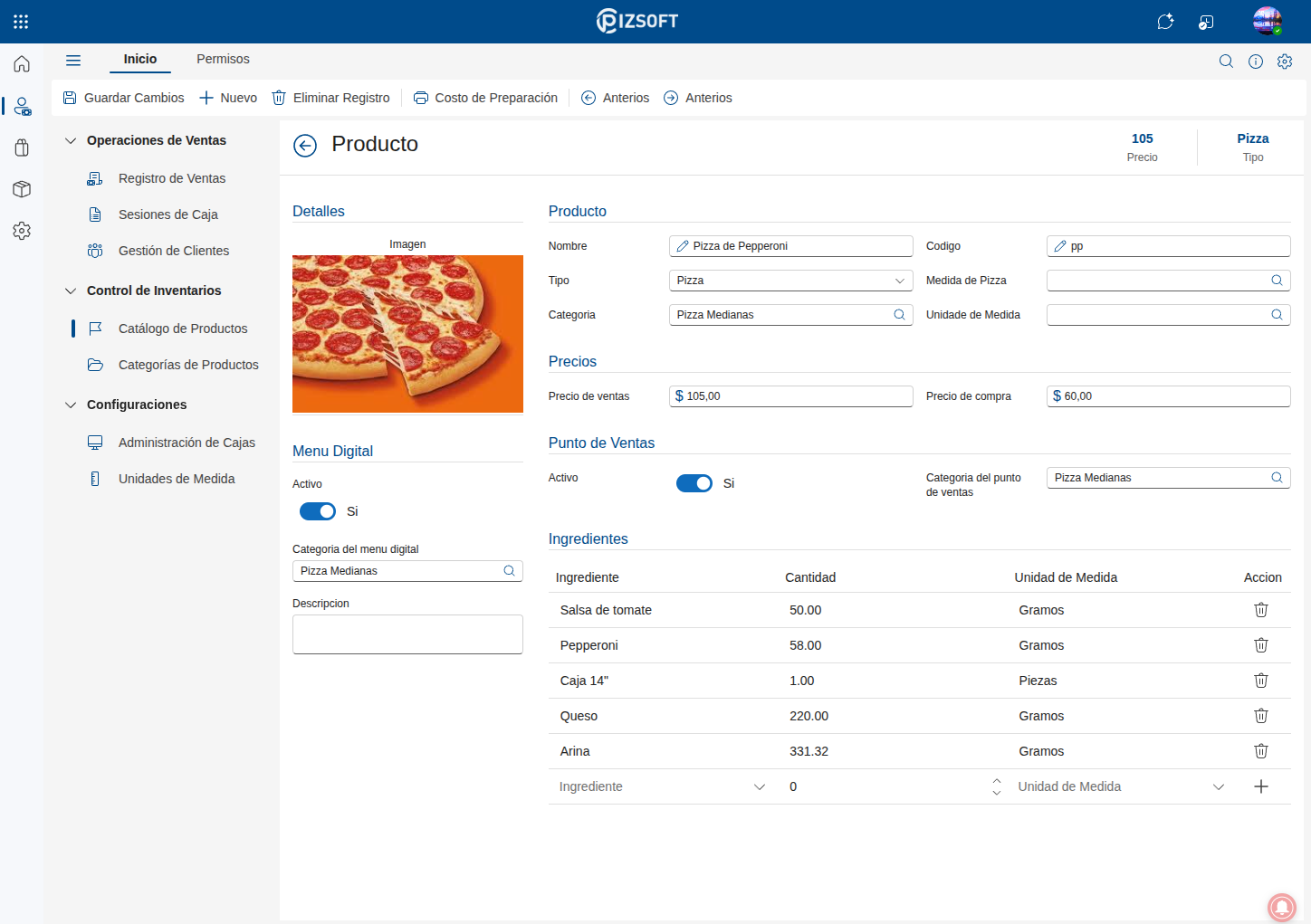 Gestión de menú de pizzas
